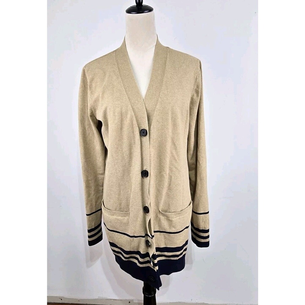 Duluth Trading Co Long Cardigan Sweater Women Lg Tan Navy Striped Knit Pockets